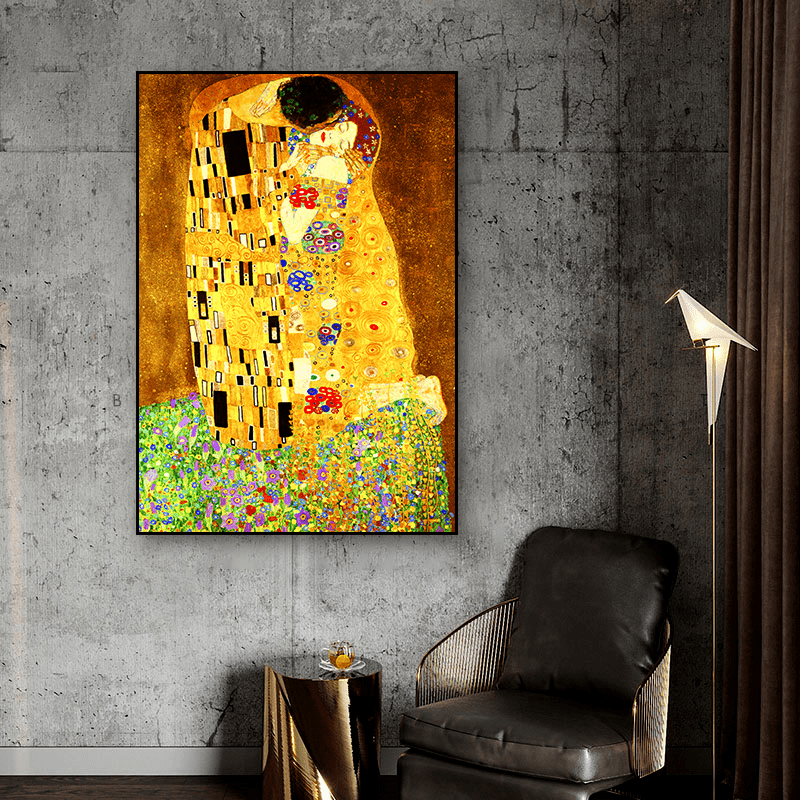 Gustav Klimtning The Kiss canvasi devor san'ati uchun, yashash xonasi uchun bezak, trubkaga o'ralgan
