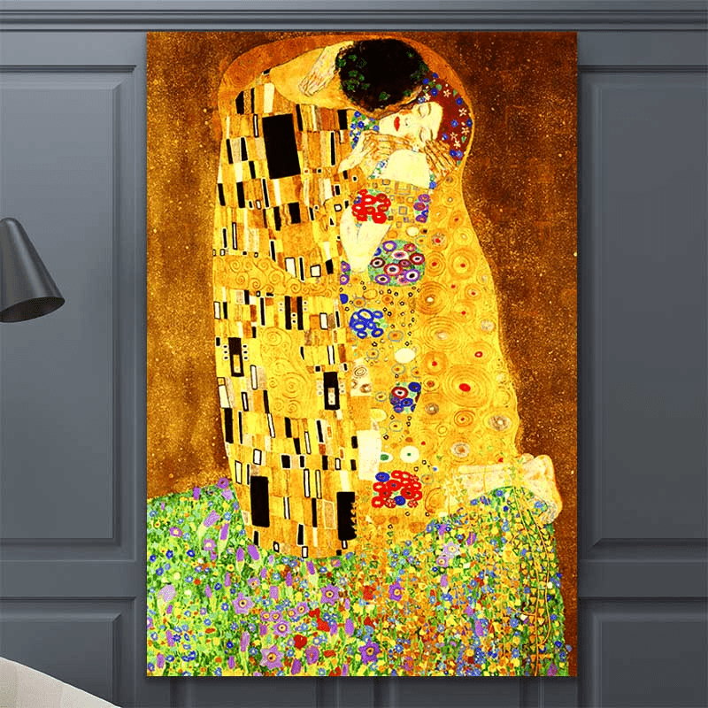 Gustav Klimtning The Kiss canvasi devor san'ati uchun, yashash xonasi uchun bezak, trubkaga o'ralgan