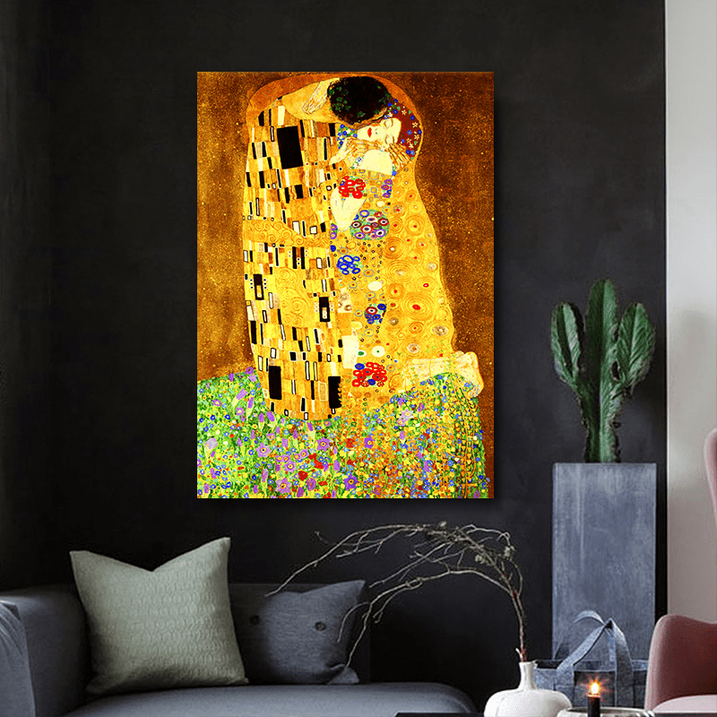 Gustav Klimtning The Kiss canvasi devor san'ati uchun, yashash xonasi uchun bezak, trubkaga o'ralgan