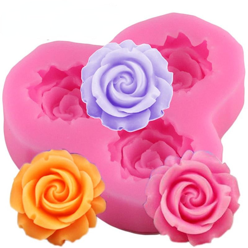 Rose Flower Silicone Mold 3 Cavities for Pudding Chocolate Candy Baking and Soap
