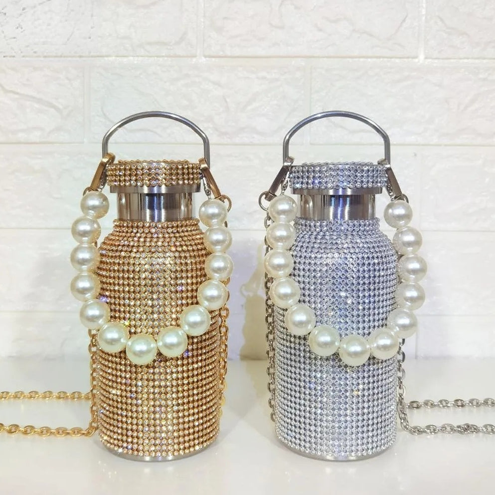 350ml Stainless Steel Thermos Bottle with Chain Pearl Design for Girls and Adults