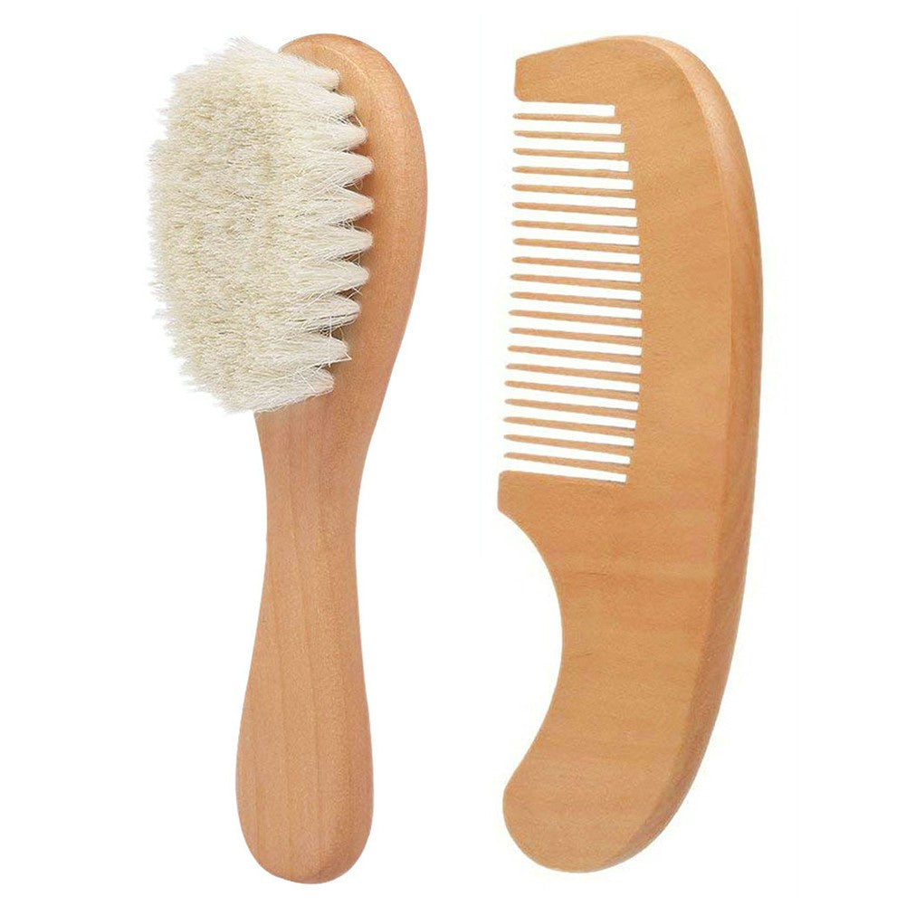 Baby Hair Brush and Comb Set for Newborns Wooden Handle Head Massager 2 Pieces