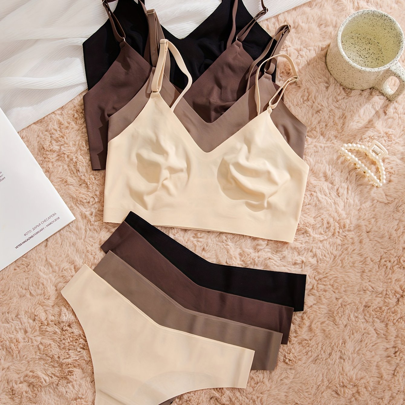 Seamless Solid Lingerie Sets for Women Wireless Bra and Elastic Thong Pack