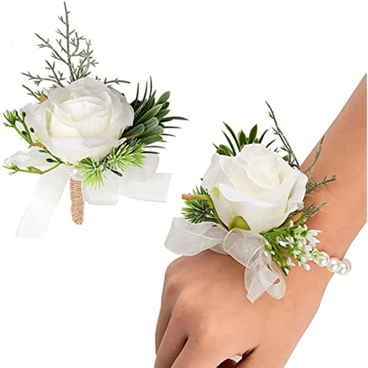 White Rose Wrist Flowers for Weddings Proms and Parties 1 or 2 Pieces