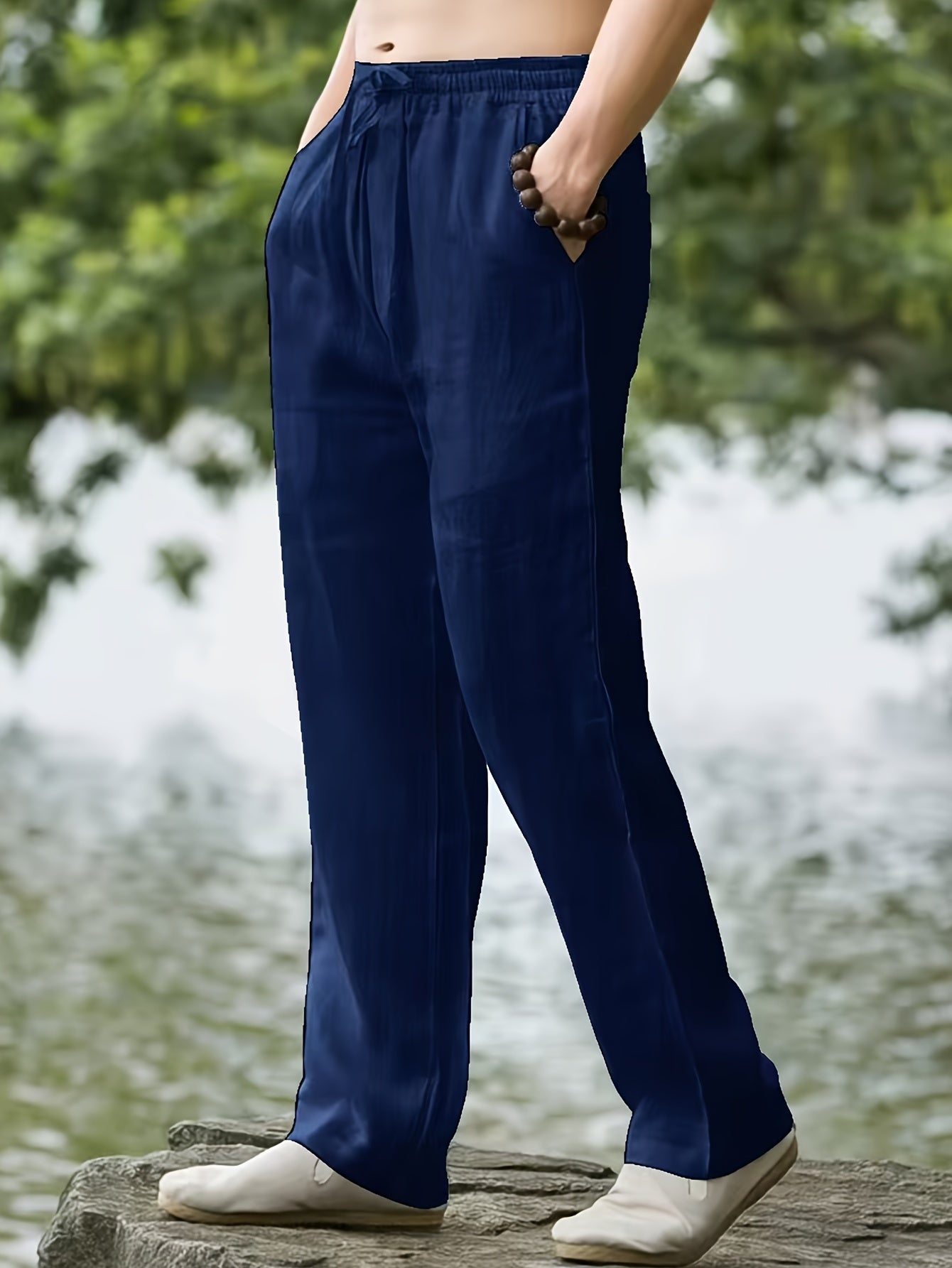 Men's Cotton Linen Blend Casual Pants Solid Color Loose Fit Regular Length for Spring Fall Running Jogging