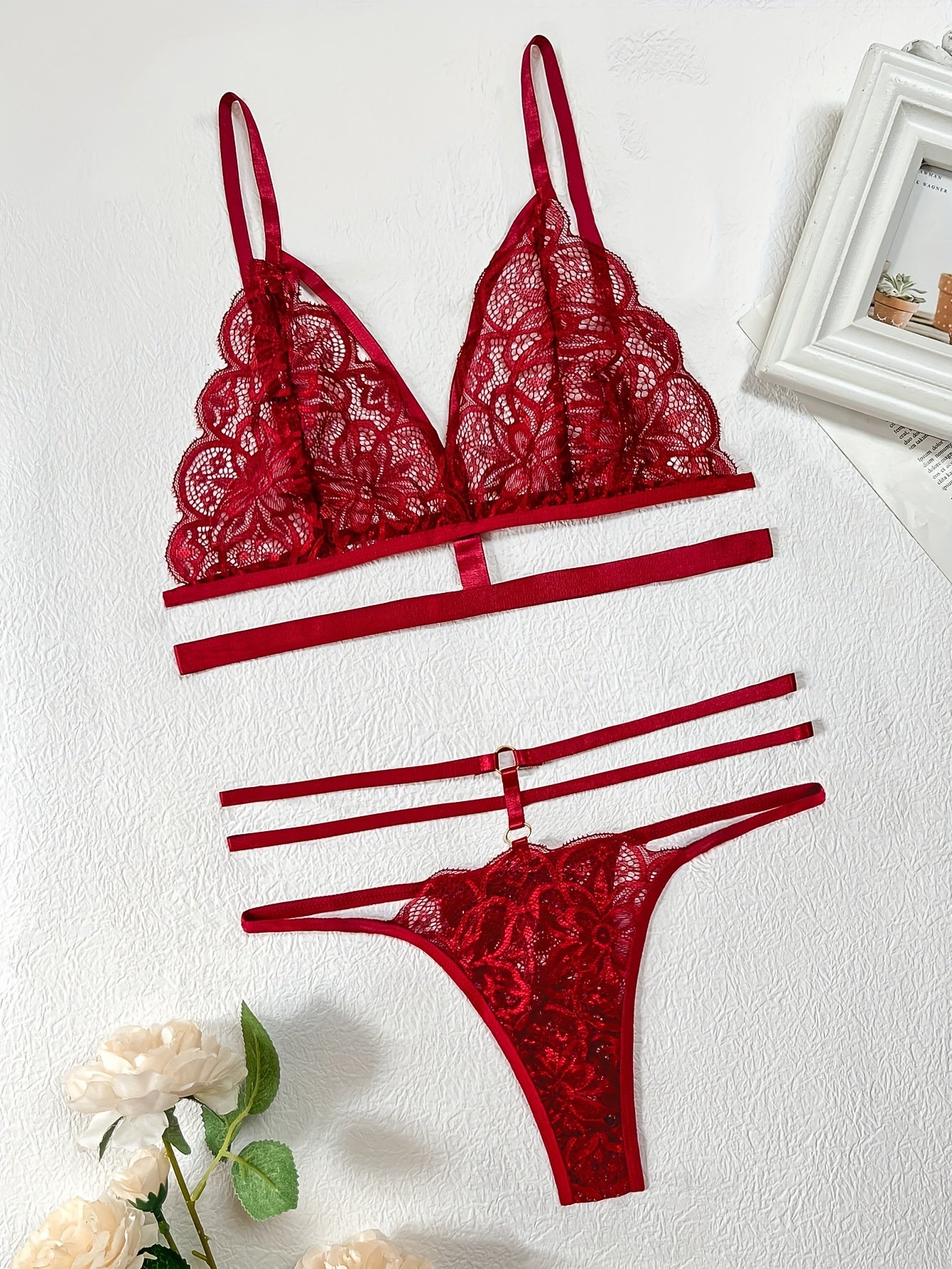 Women's Burgundy Lace Lingerie Set with See-Through Bra and Hollow Panties