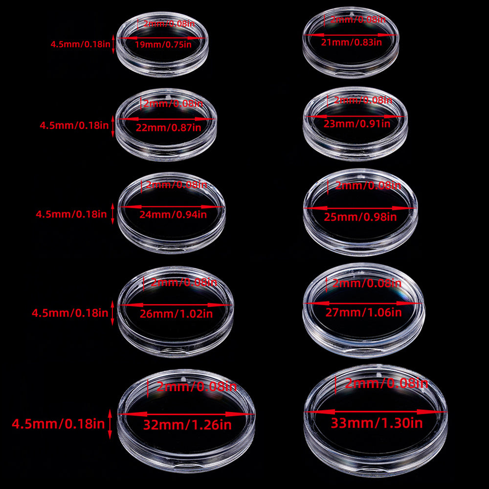 Прозрачные коробки для защиты монет доступны в упаковках по 25, 50 или 100 штук. Подходят для коллекционных предметов размером 19-33 мм, идеально подходят для памятных монет и медалей.