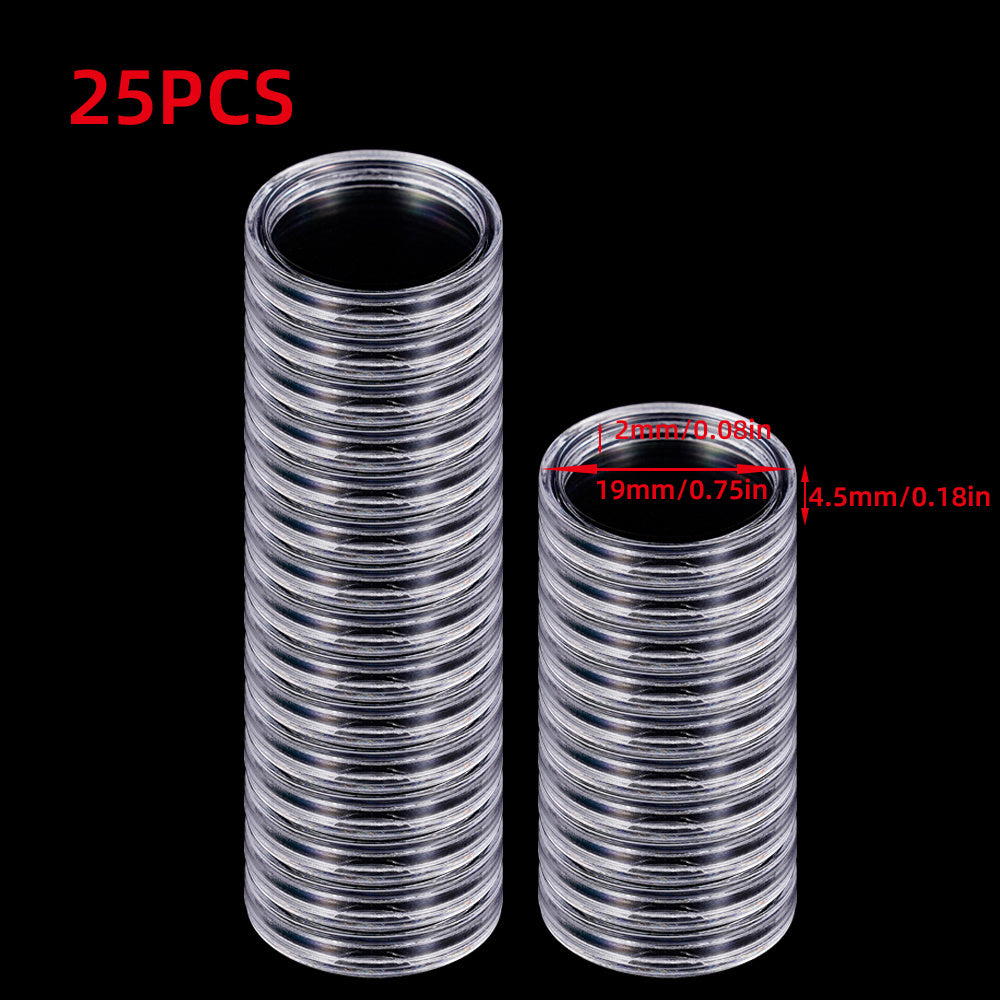 Прозрачные коробки для защиты монет доступны в упаковках по 25, 50 или 100 штук. Подходят для коллекционных предметов размером 19-33 мм, идеально подходят для памятных монет и медалей.