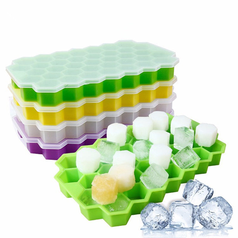 Silicone olti burchakli muz kublari qolipi qopqoq bilan - muzlatgich uchun 37 bo'shliqli moslashuvchan qolip, yumshoq ichimliklar, viski, kokteyllar va boshqalar uchun, oshxona aksessuarlari uchun oson chiqariladigan muz tayyorlagich