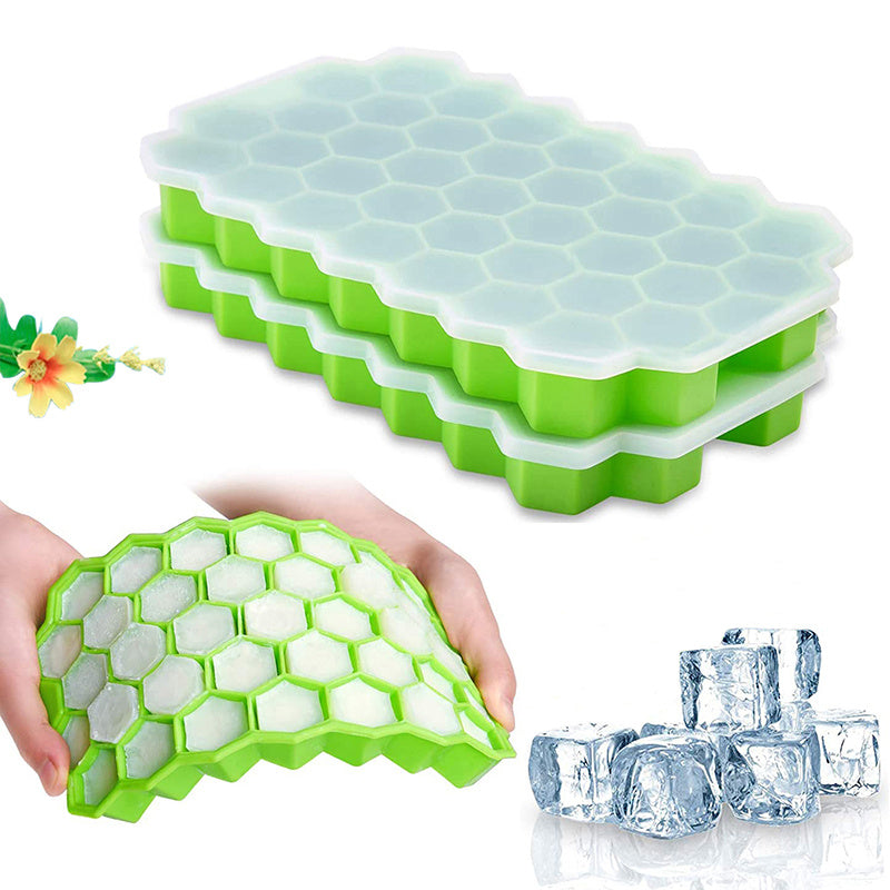 Silicone olti burchakli muz kublari qolipi qopqoq bilan - muzlatgich uchun 37 bo'shliqli moslashuvchan qolip, yumshoq ichimliklar, viski, kokteyllar va boshqalar uchun, oshxona aksessuarlari uchun oson chiqariladigan muz tayyorlagich