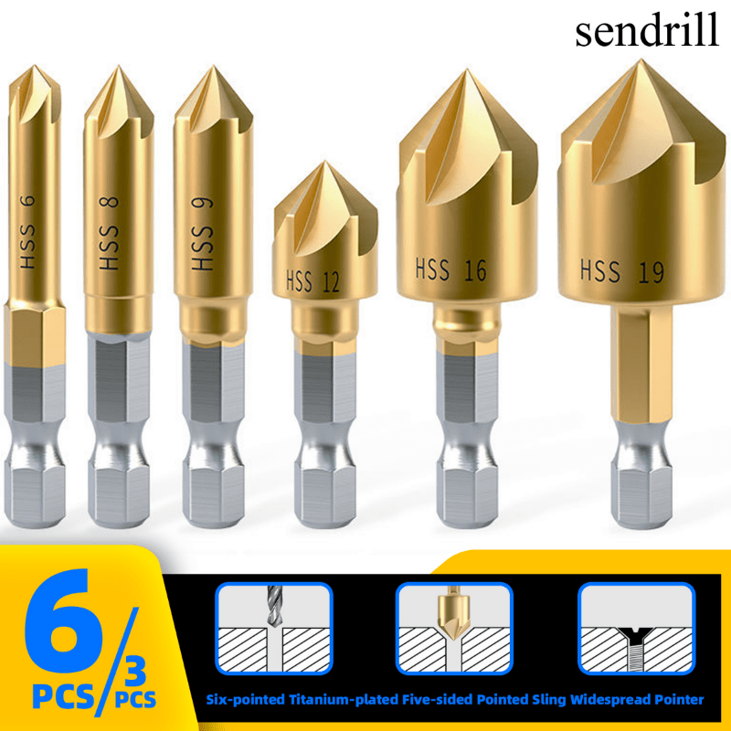 6pcs 5-Flute Titanium-Plated Countersink Drill Bit Set for Woodworking 1/4 Inch
