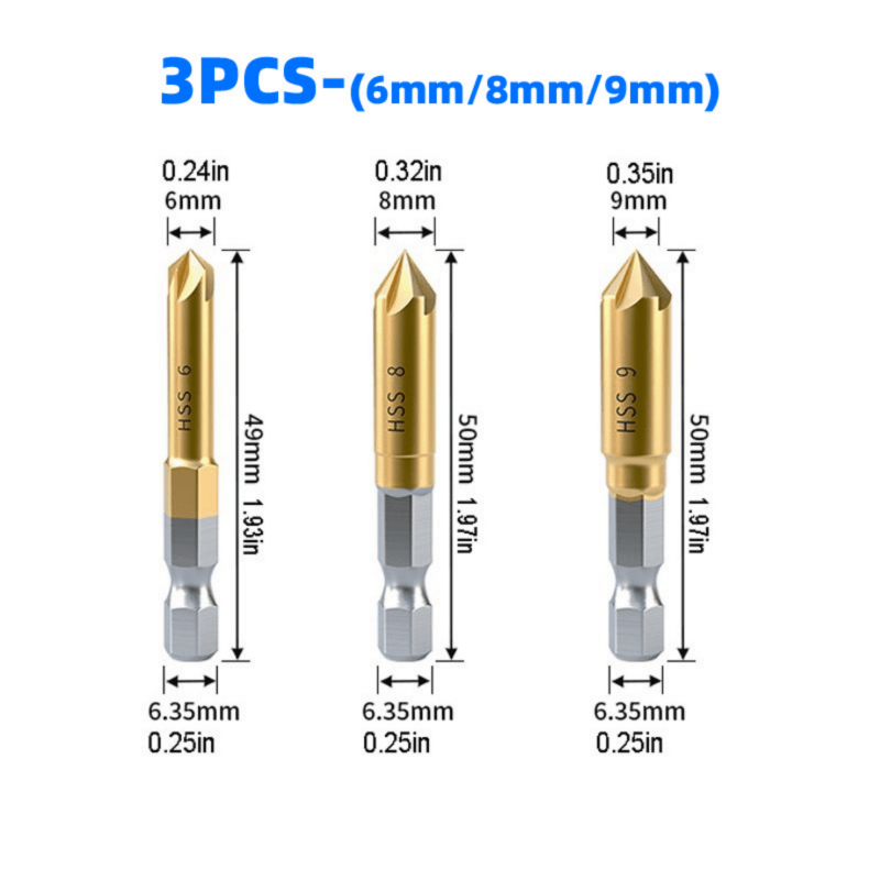 6pcs 5-Flute Titanium-Plated Countersink Drill Bit Set for Woodworking 1/4 Inch