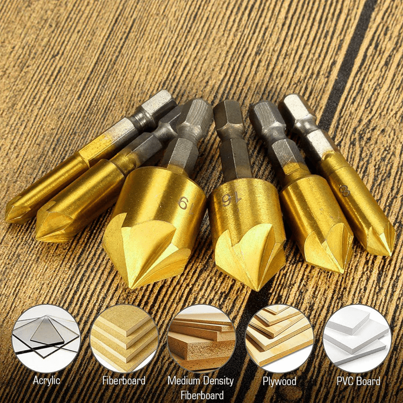 6pcs 5-Flute Titanium-Plated Countersink Drill Bit Set for Woodworking 1/4 Inch