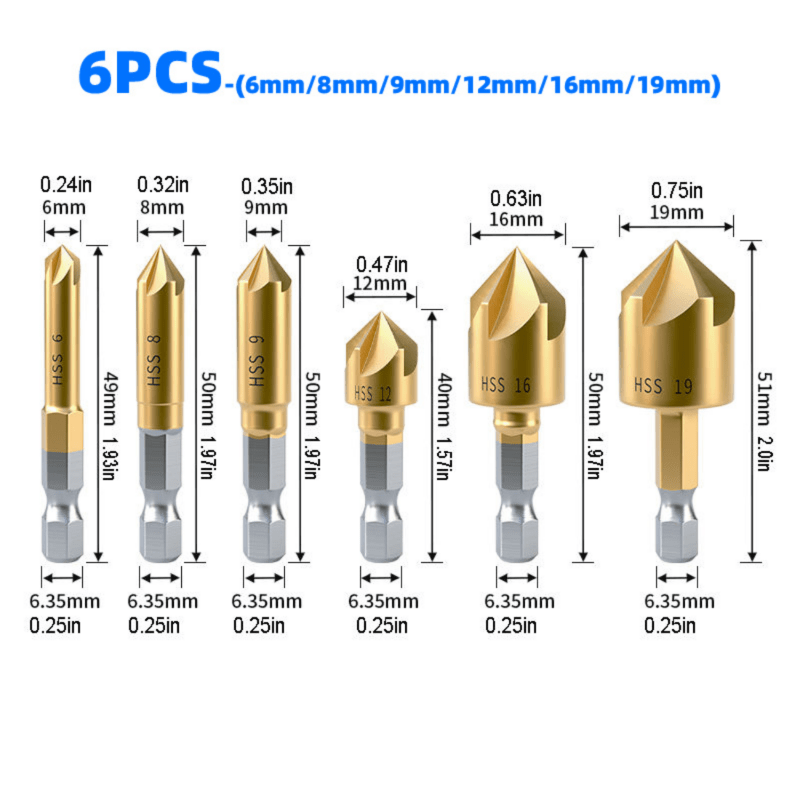 6pcs 5-Flute Titanium-Plated Countersink Drill Bit Set for Woodworking 1/4 Inch