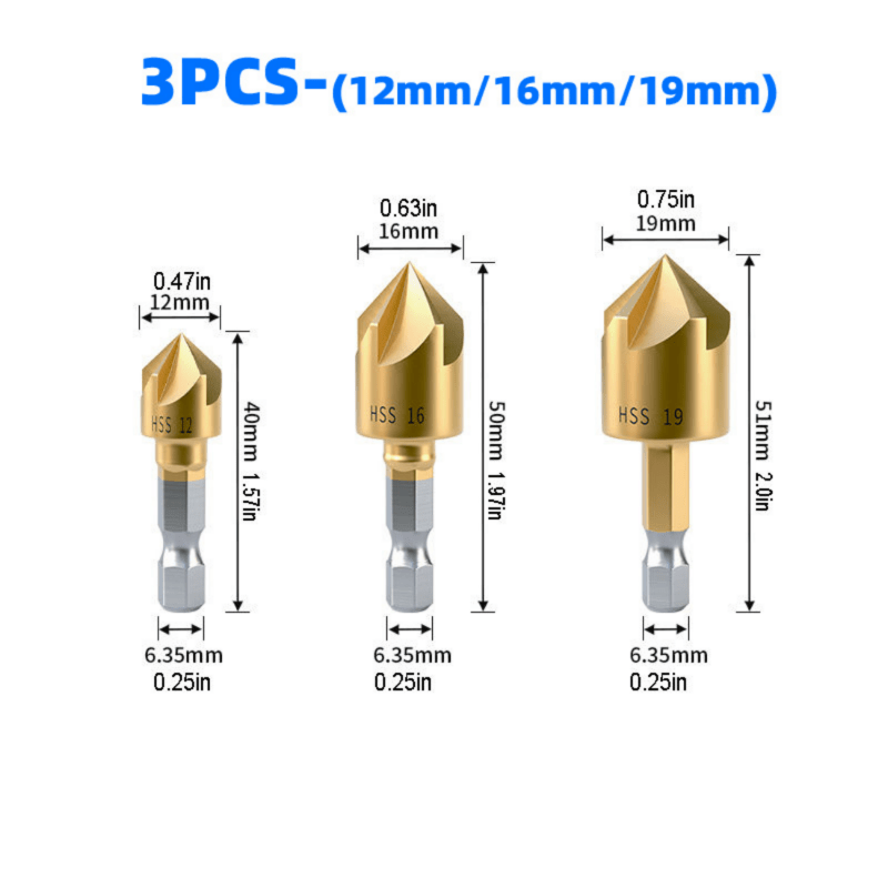 6pcs 5-Flute Titanium-Plated Countersink Drill Bit Set for Woodworking 1/4 Inch
