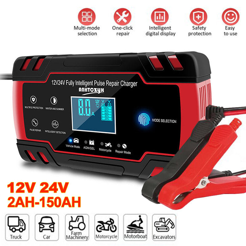 8A Smart Battery Charger for 12V 24V Lead Acid Batteries with EU Plug Type-C Power Supply