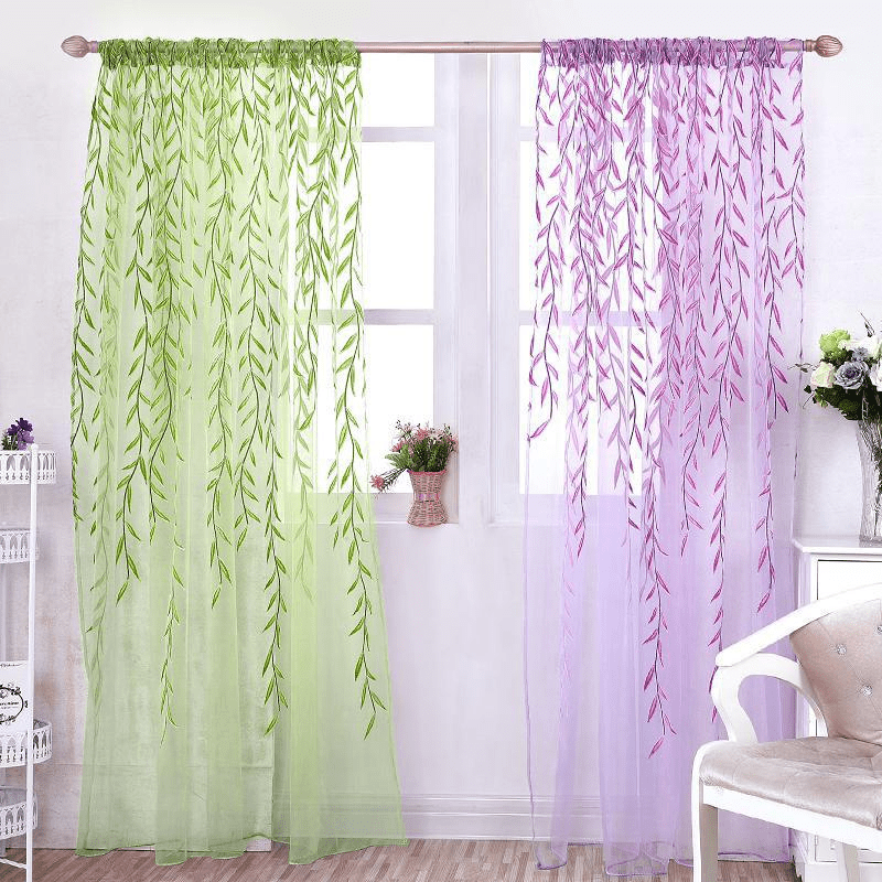 Semi-Sheer Willow Leaf Pattern Curtain for Living Room Nursery Bedroom Polyester Rod Pocket
