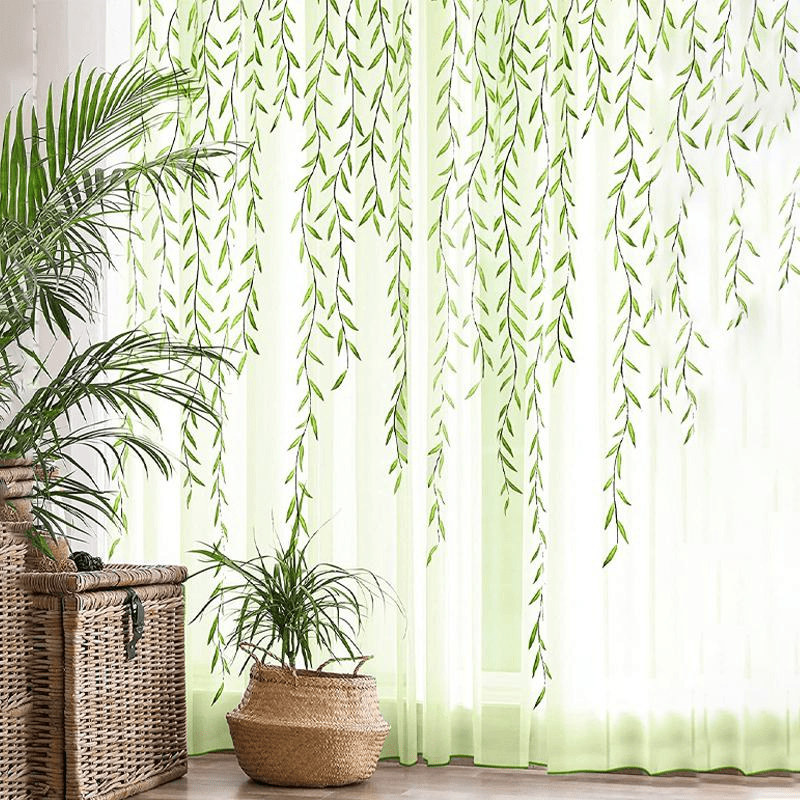 Semi-Sheer Willow Leaf Pattern Curtain for Living Room Nursery Bedroom Polyester Rod Pocket