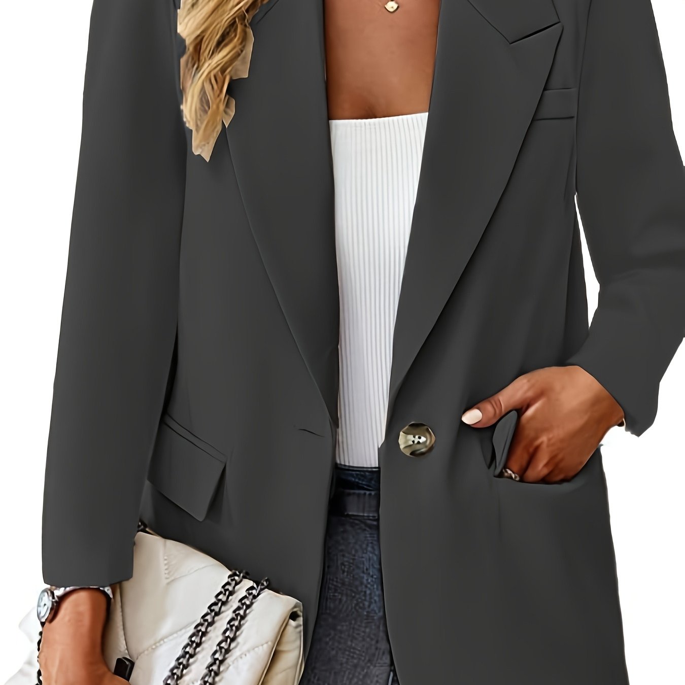 Women's Casual Solid Color Polyester Blazer with Pockets Long Sleeve Regular Fit