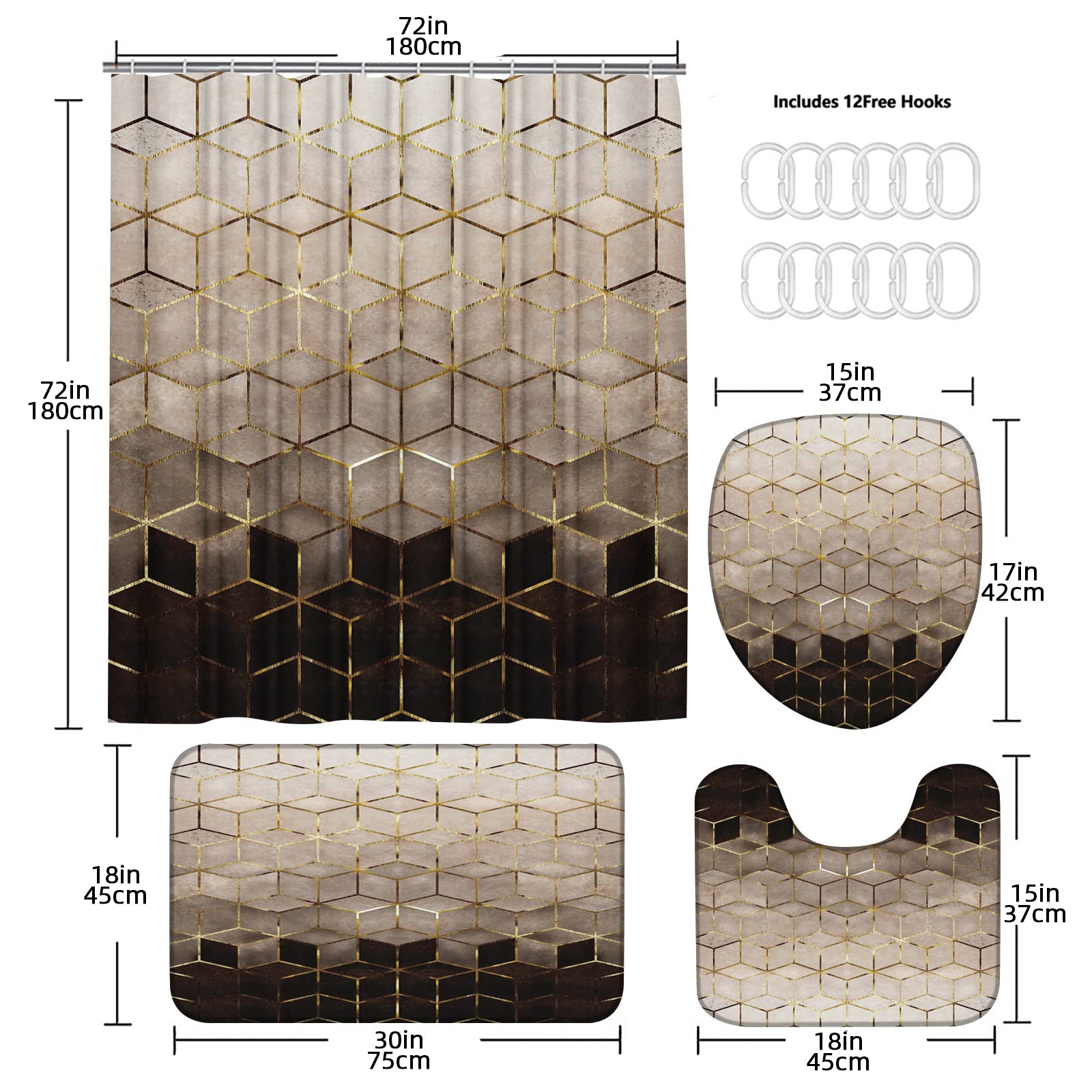 4-Piece Bathroom Set with Marble Pattern Shower Curtain Non-Slip Rug U-Shaped Mat and Lid Cover