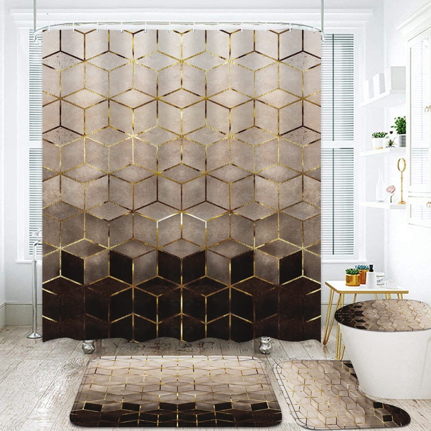 4-Piece Bathroom Set with Marble Pattern Shower Curtain Non-Slip Rug U-Shaped Mat and Lid Cover