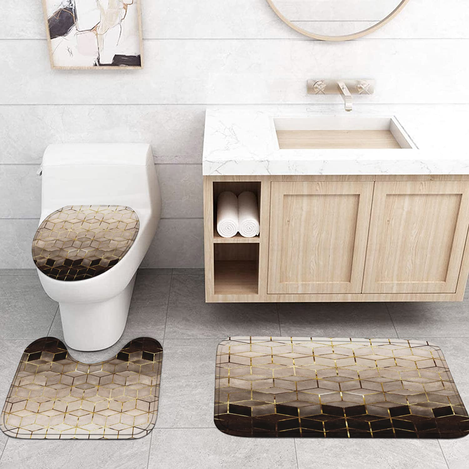 4-Piece Bathroom Set with Marble Pattern Shower Curtain Non-Slip Rug U-Shaped Mat and Lid Cover