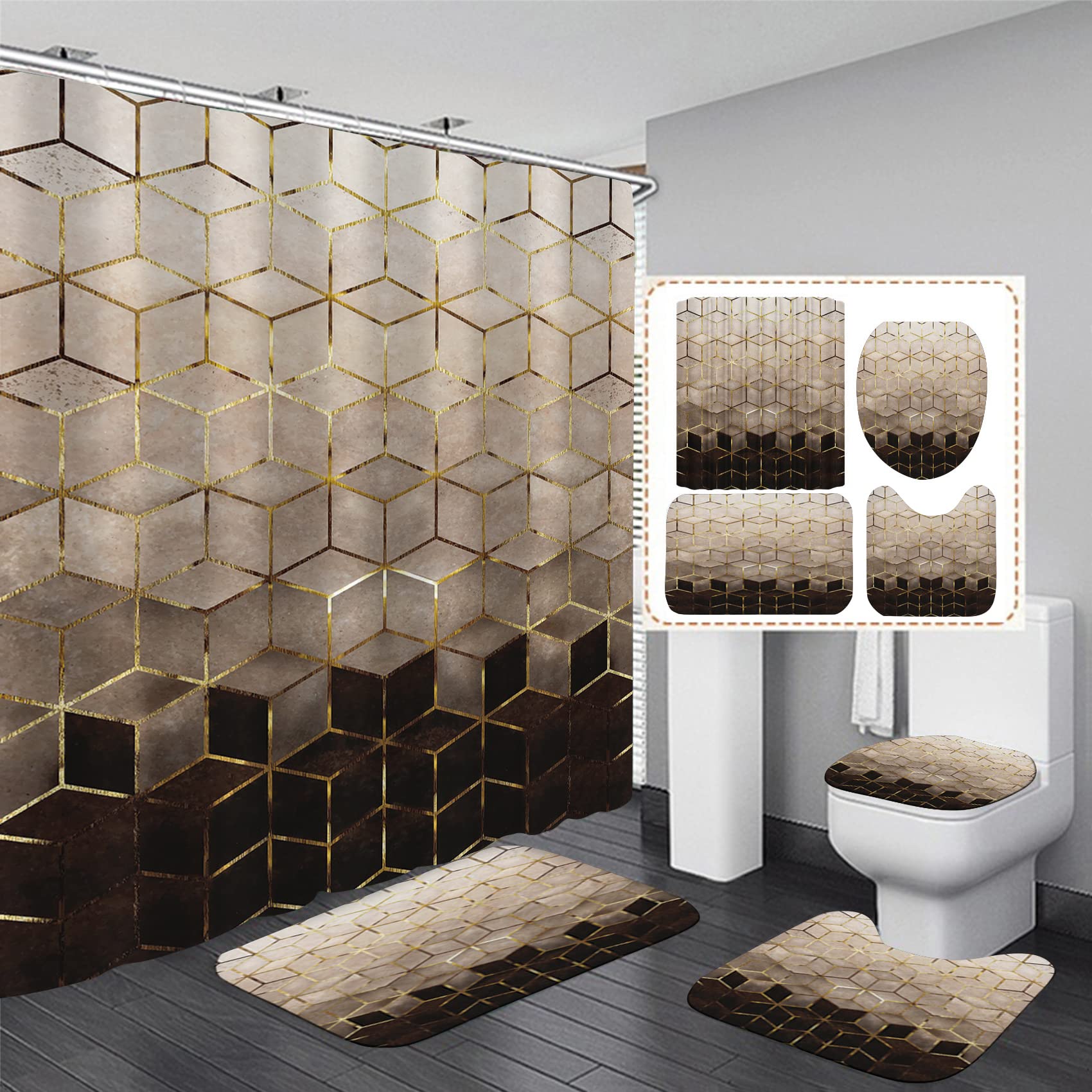 4-Piece Bathroom Set with Marble Pattern Shower Curtain Non-Slip Rug U-Shaped Mat and Lid Cover
