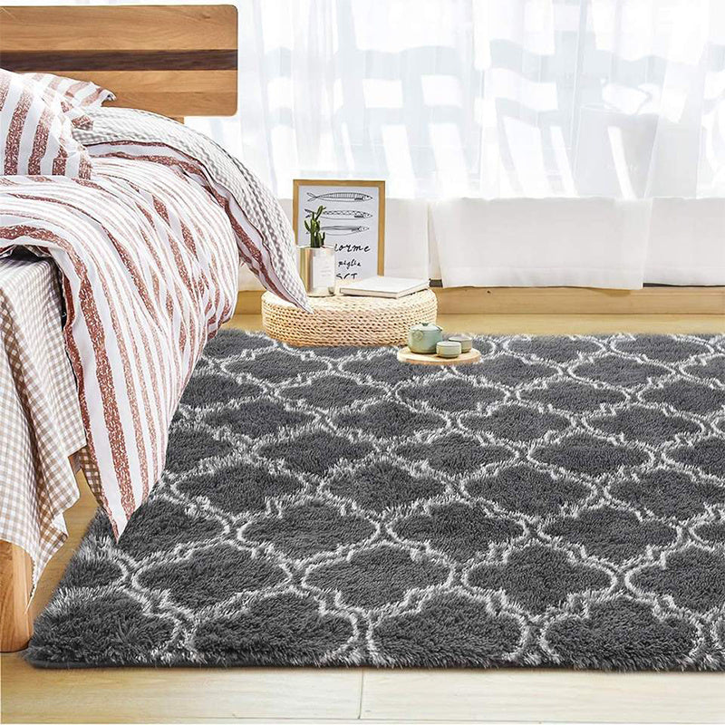 Dark Gray Plush Area Rug with Hexagonal Pattern, Washable, Anti-Slip, 230cm x 63cm