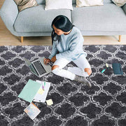 Dark Gray Plush Area Rug with Hexagonal Pattern, Washable, Anti-Slip, 230cm x 63cm