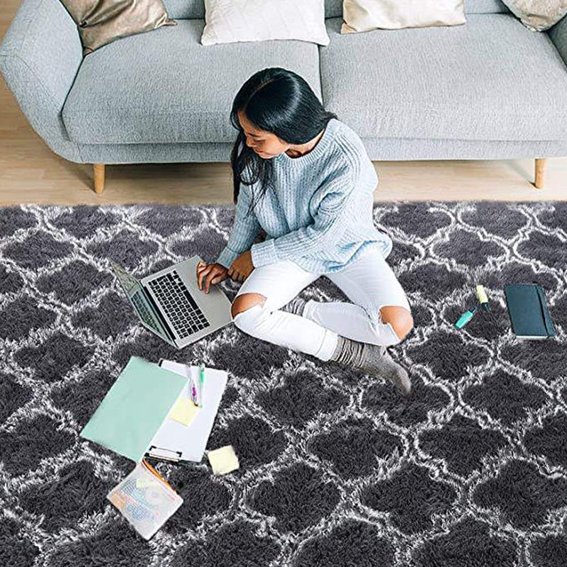 Dark Gray Plush Area Rug with Hexagonal Pattern, Washable, Anti-Slip, 230cm x 63cm