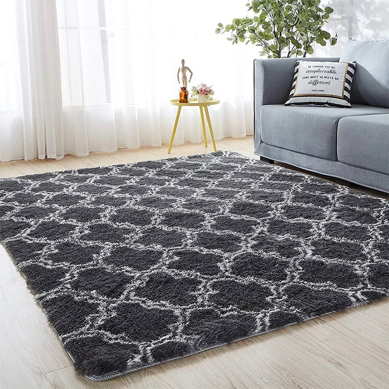 Dark Gray Plush Area Rug with Hexagonal Pattern, Washable, Anti-Slip, 230cm x 63cm