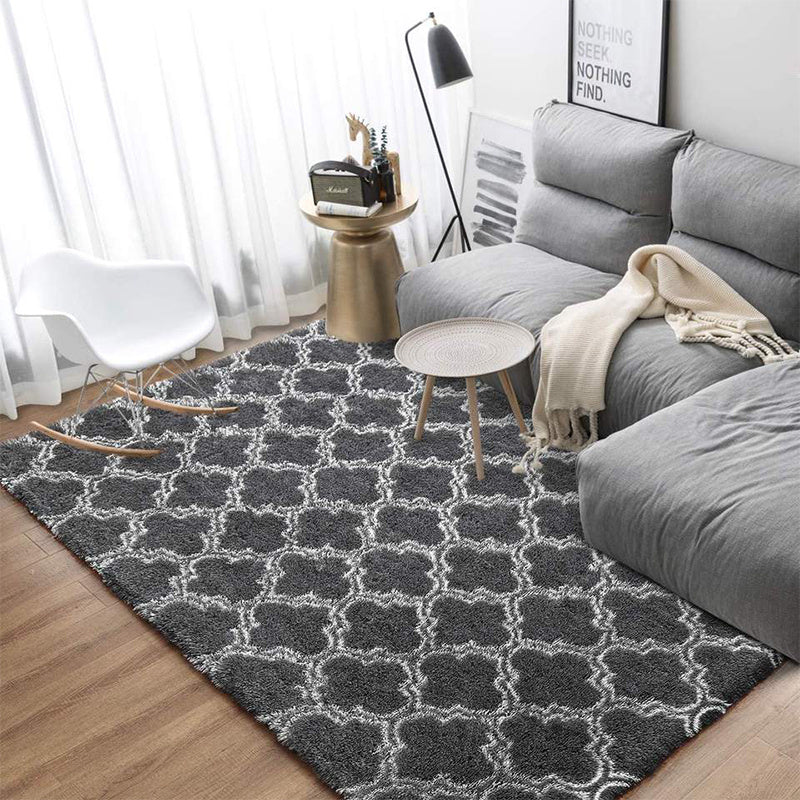 Dark Gray Plush Area Rug with Hexagonal Pattern, Washable, Anti-Slip, 230cm x 63cm