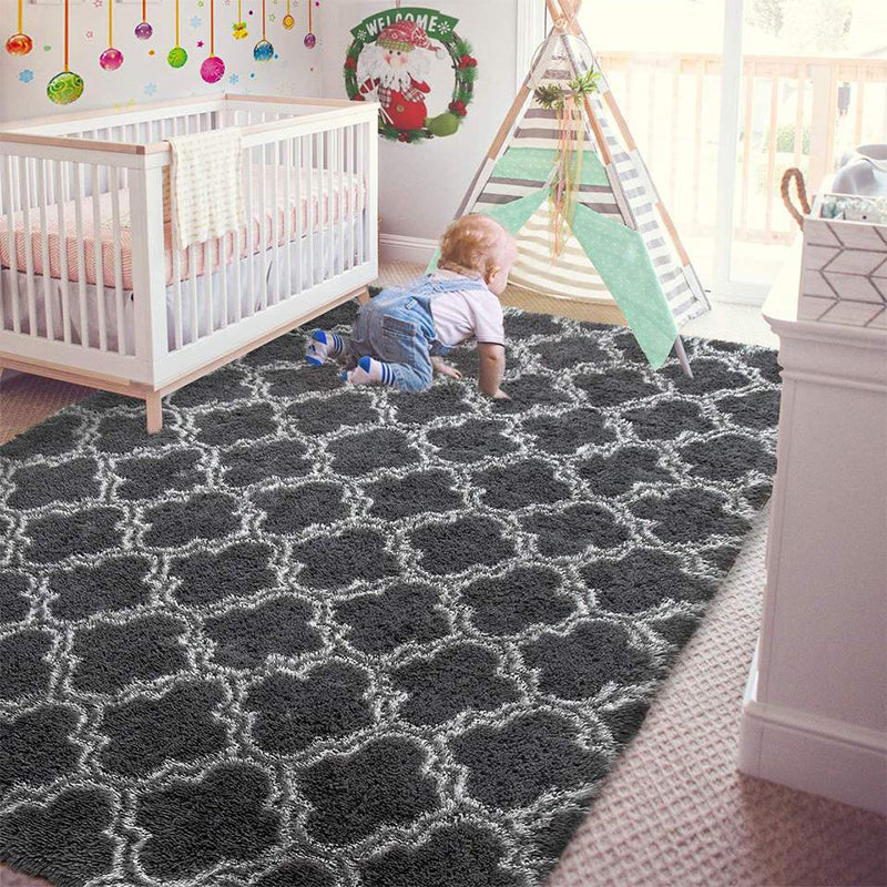 Dark Gray Plush Area Rug with Hexagonal Pattern, Washable, Anti-Slip, 230cm x 63cm