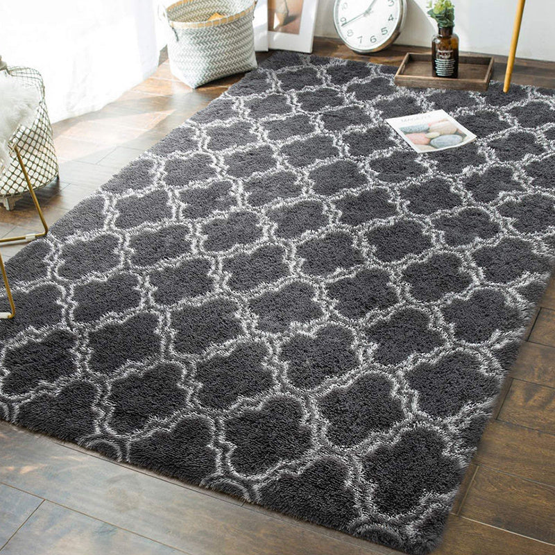 Dark Gray Plush Area Rug with Hexagonal Pattern, Washable, Anti-Slip, 230cm x 63cm