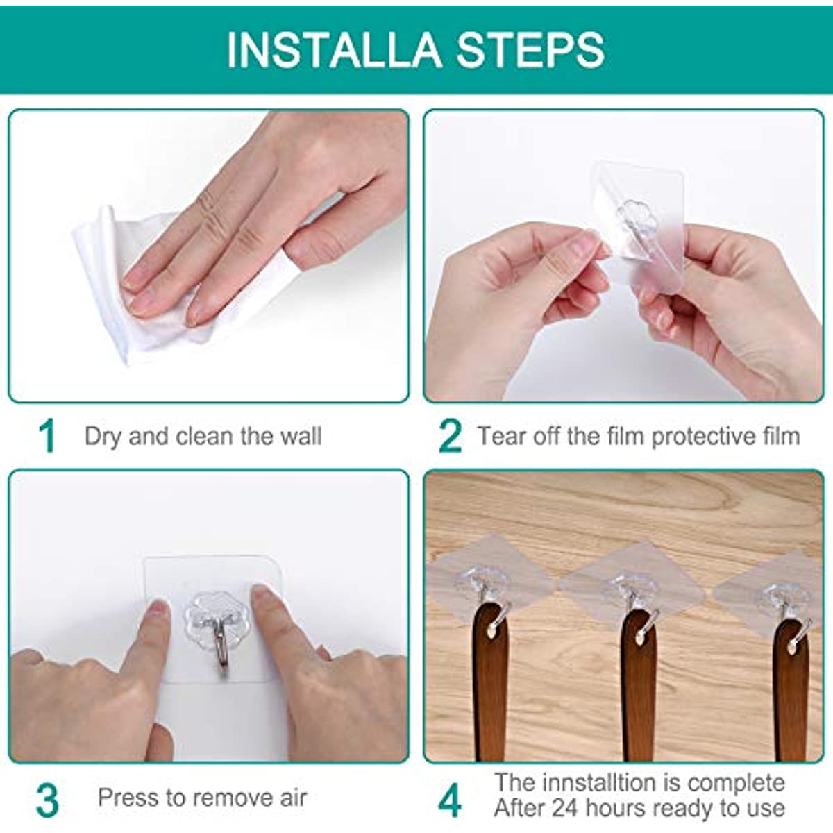 24 Pack Transparent Waterproof Reusable Adhesive Hooks for Kitchen Bathroom Heavy Duty