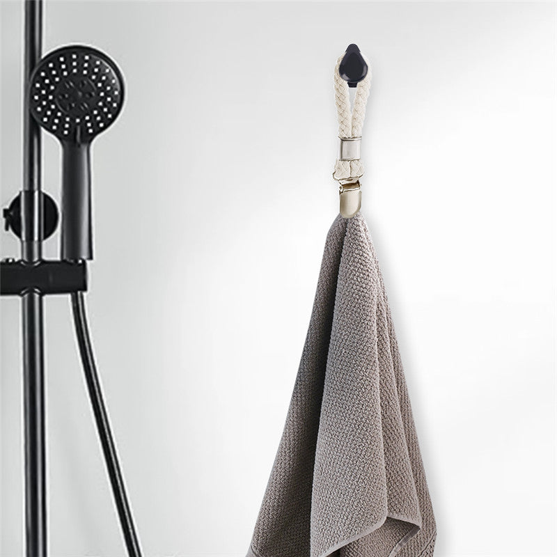 Juego de 4 clips de toalla de cuerda trenzada con pinzas de metal para organización de cocina y baño