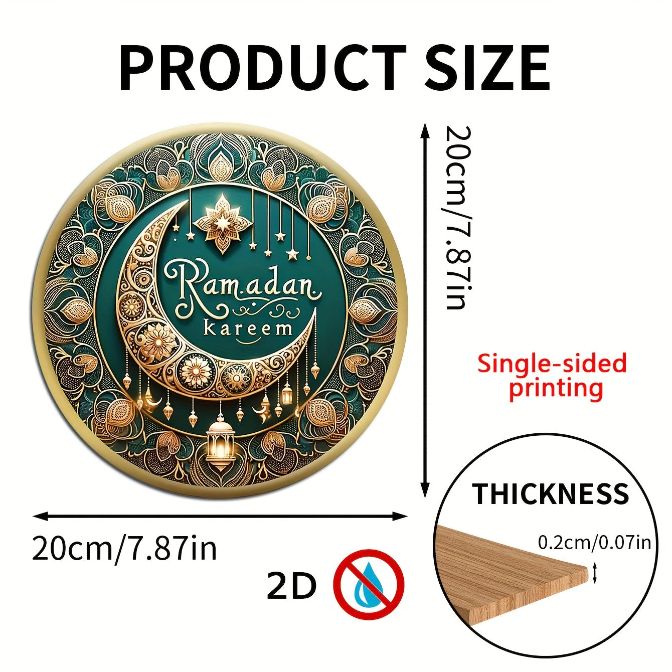 Glam uslubidagi Ramadan Kareem guldasta, ishlab chiqarilgan yog'ochdan tayyorlangan, yulduz va oy dizayni bilan. Uy yoki bayram bog'ini bezatish uchun ideal, arab yozuvi bilan va toshlardan foydalanilmagan. Elektrsiz.