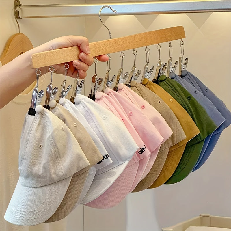Wooden Hat Organizer Rack with 12 Clips Wall-Mounted Storage for Caps and Hats