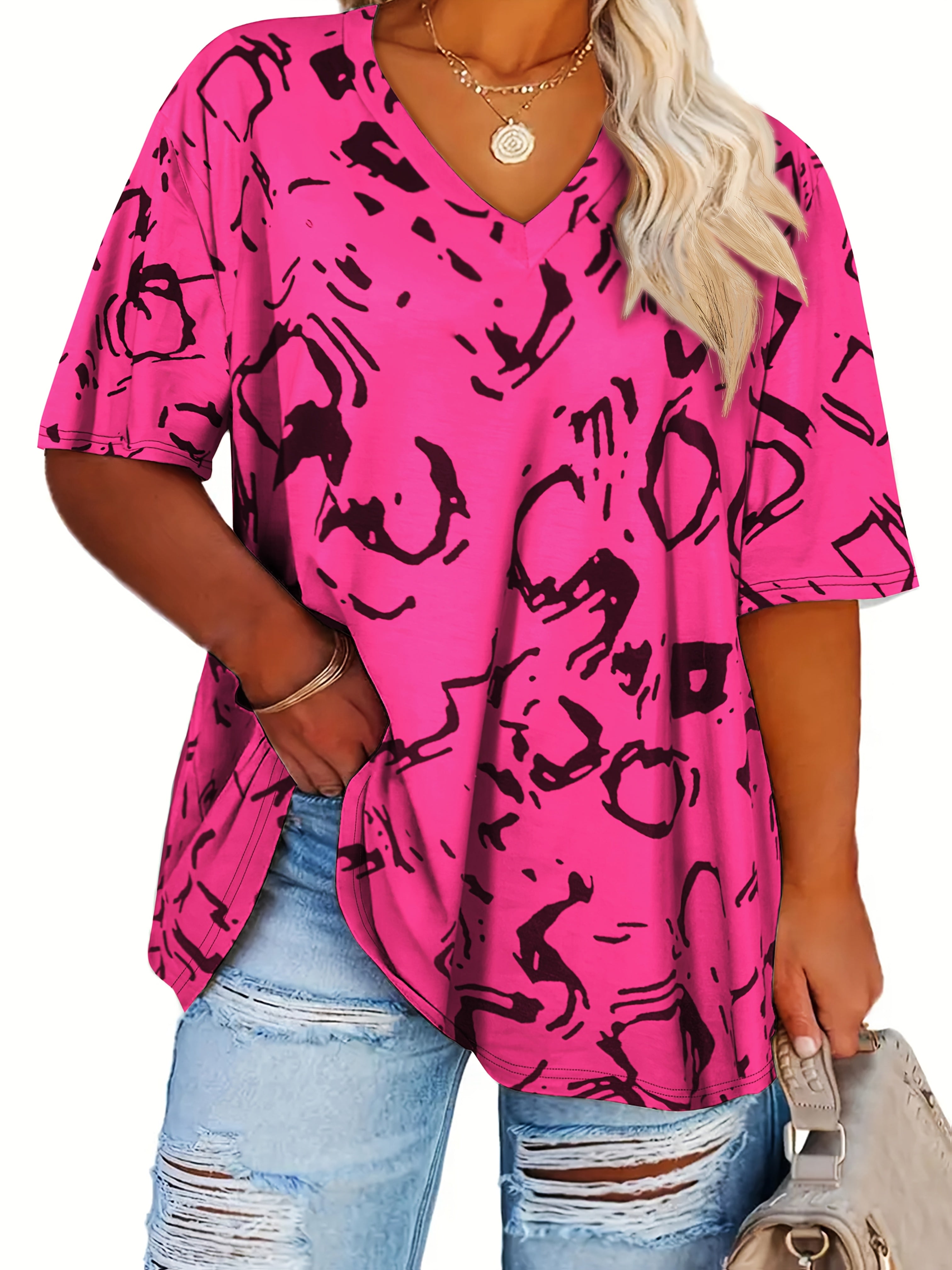 Women's Plus Size Abstract Print V-Neck T-Shirt Short Sleeve Summer Top Gray