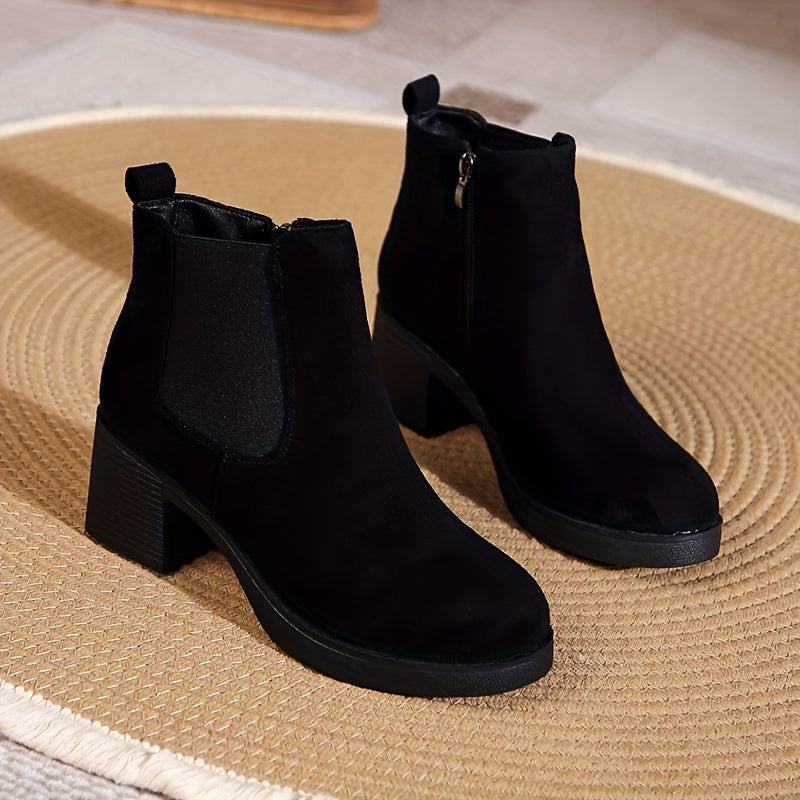 Women's Deer Chunky Heel Ankle Boots Black Non-Slip Warm Lined Short Boots