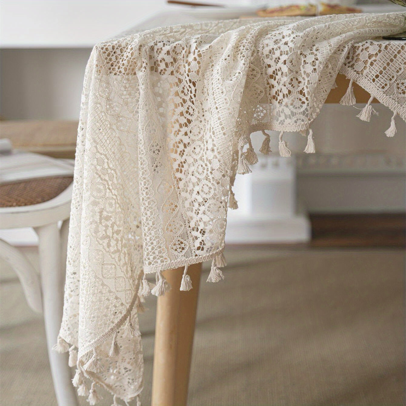Bohemian Crochet Lace Rectangular Tablecloth for Dining and Parties Polyester Farmhouse Style
