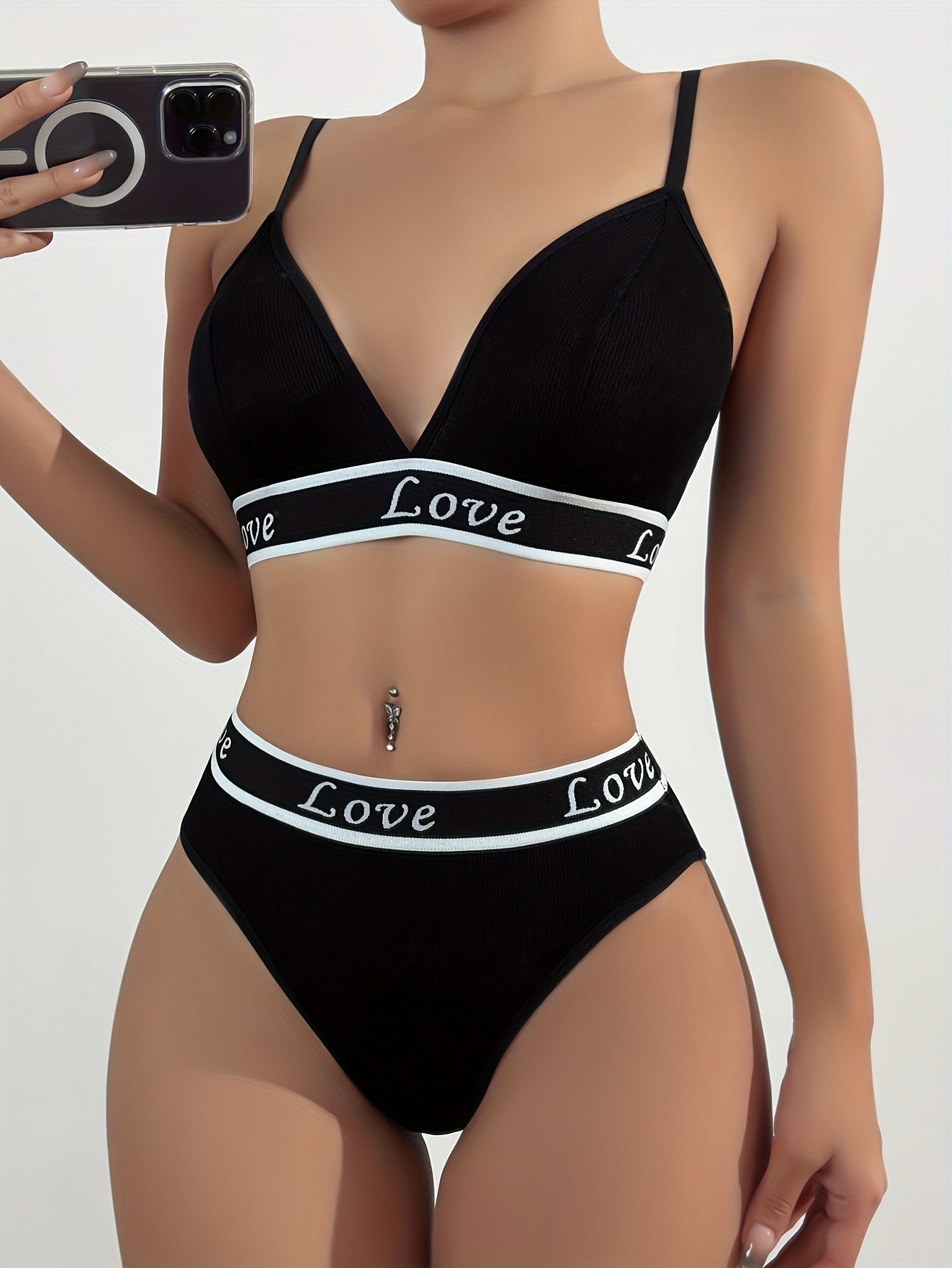 Women's Viscose Lingerie Set with Solid Color Knit Fabric and Letter Print