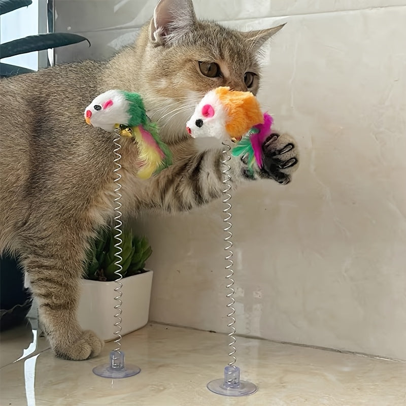Cat Teaser Toy with Suction Cup Base Elastic Spring and Feathered Fish Attachment for Cats