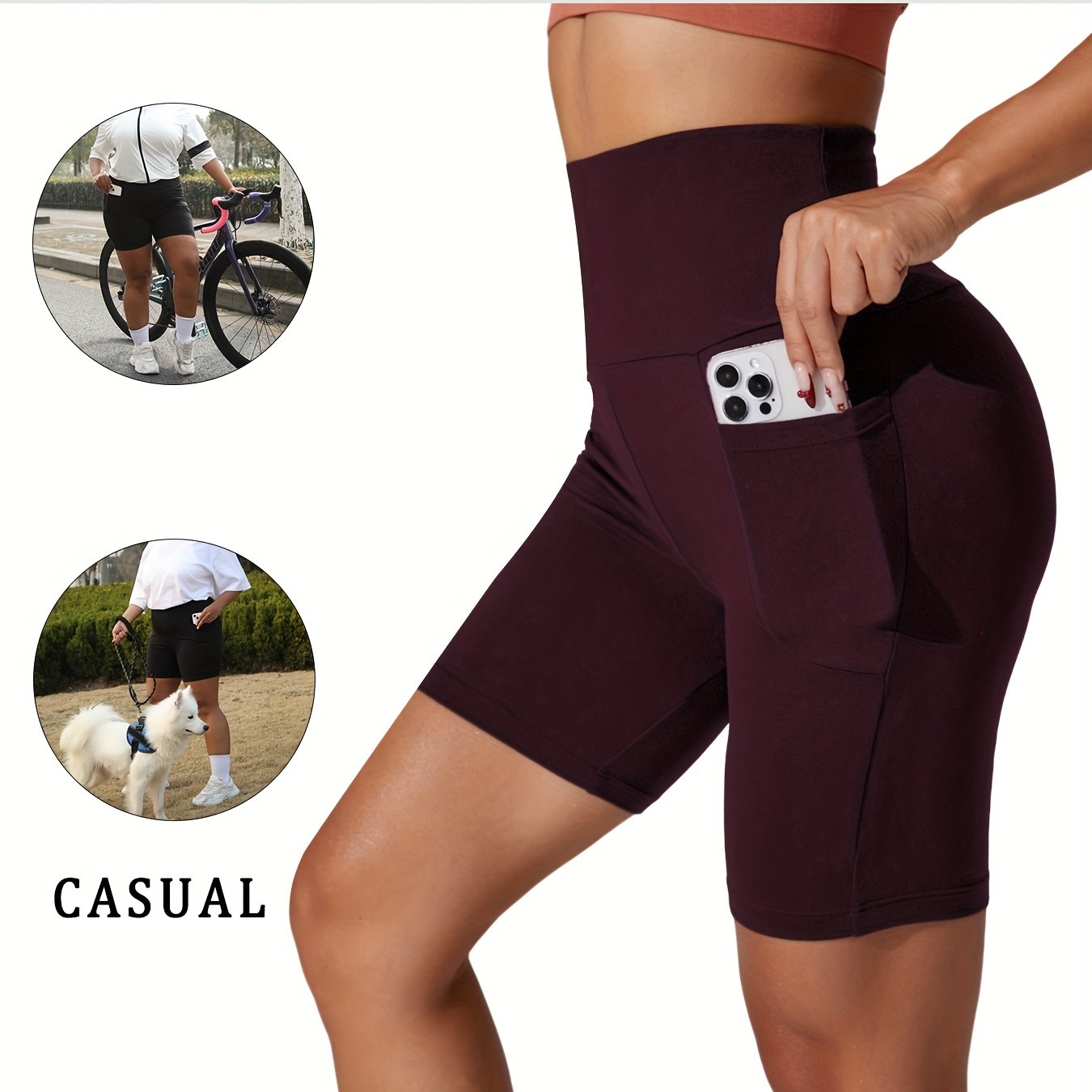 Plus Size High Waisted Biker Shorts Women Pockets Tummy Control Dark Blue