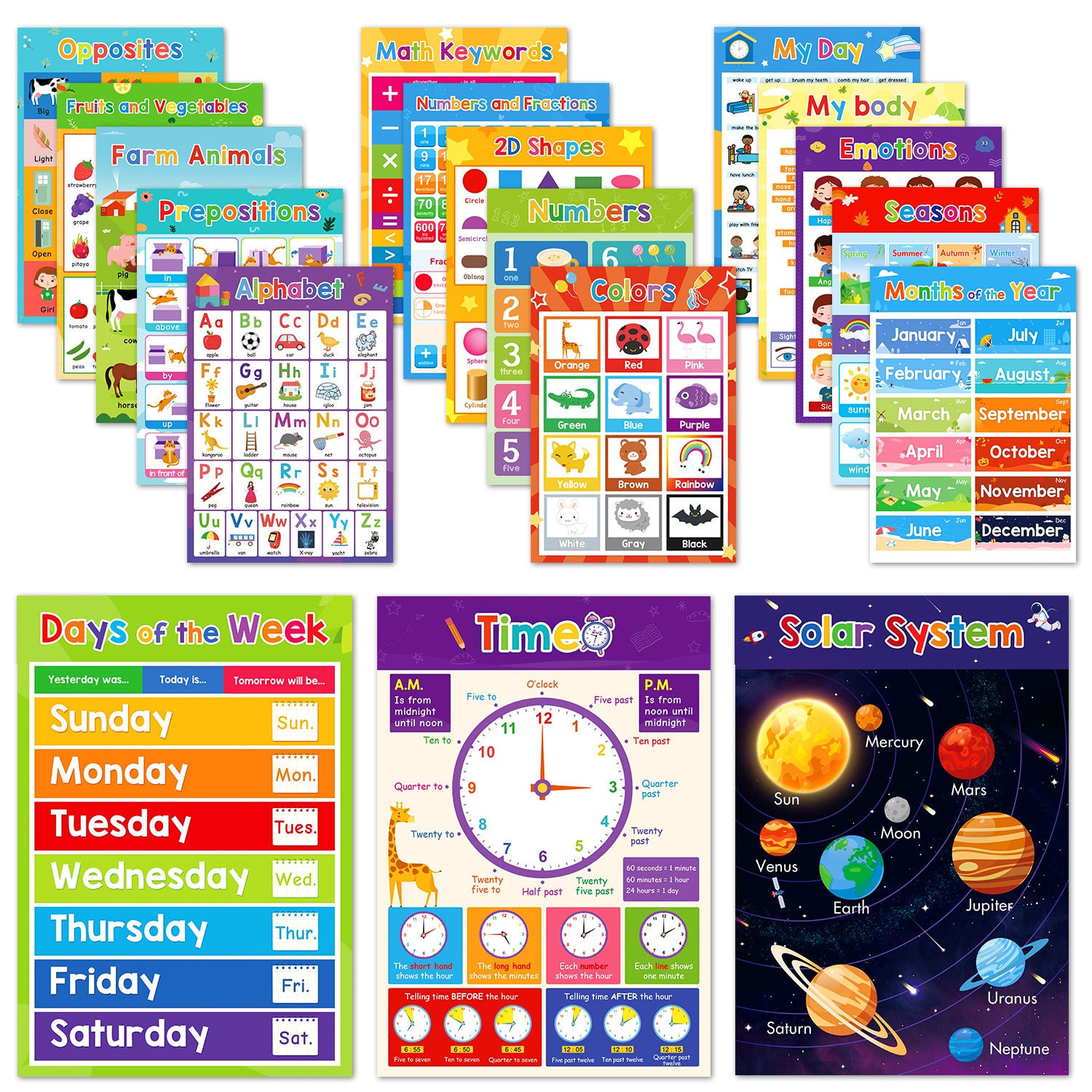 Educational Flashcards for Kindergarten A3 Size 18 Themes Classroom Decor