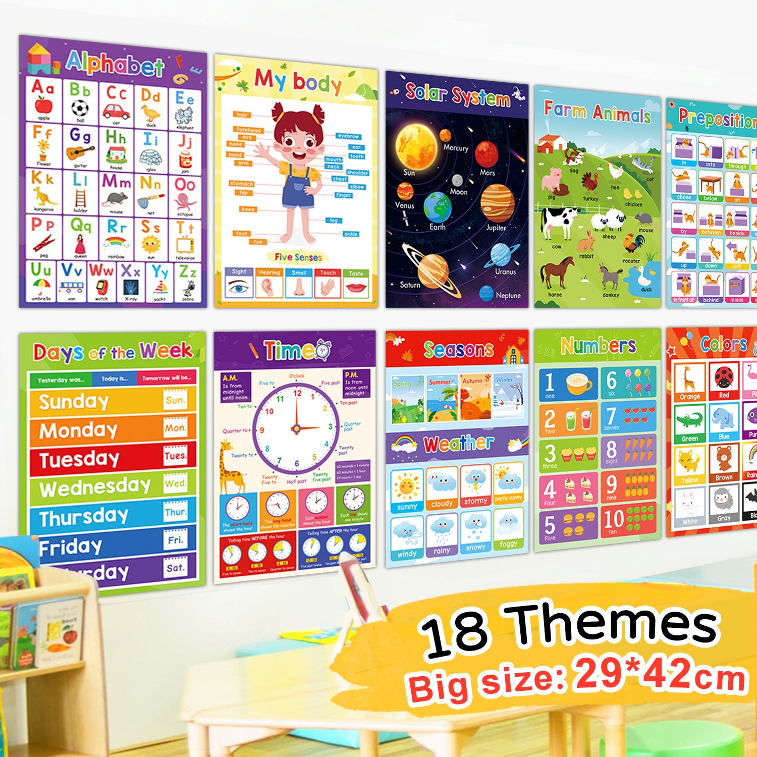 Educational Flashcards for Kindergarten A3 Size 18 Themes Classroom Decor