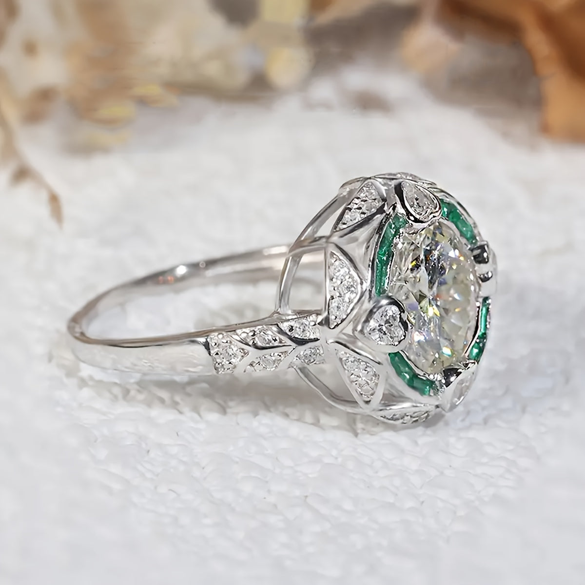 Women’s 2Ct Moissanite Engagement Ring Silver Bohemian Court Style Green Accents