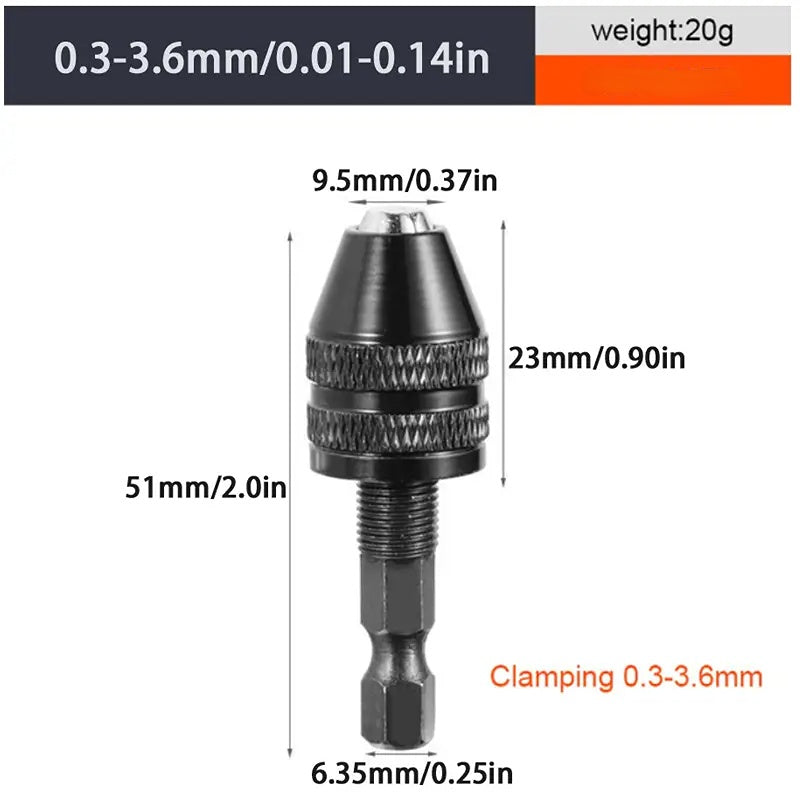 Keyless Drill Chuck 0.3-3.6mm 1/4 Inch Hex Shank Adapter Converter