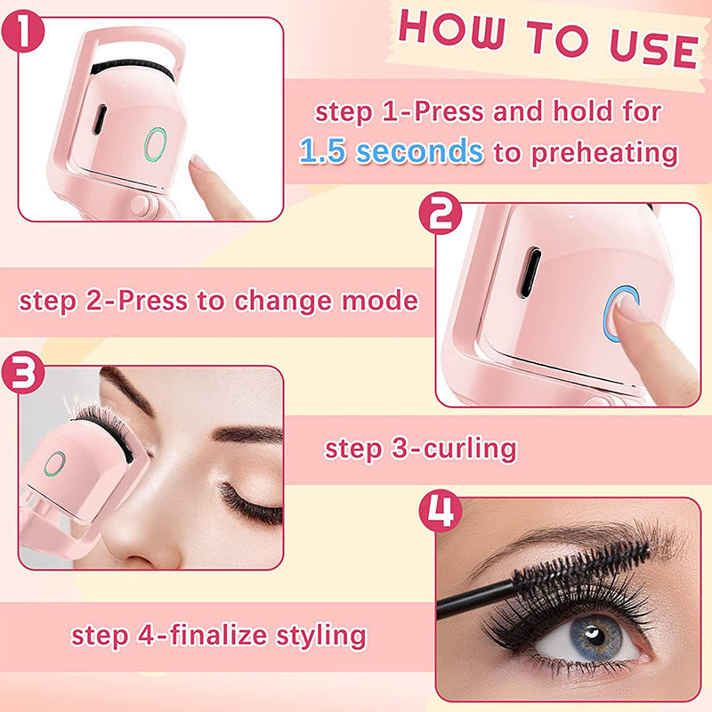 Rechargeable Electric Eyelash Curler White Pink Silicone Clip 10-Second Preheat