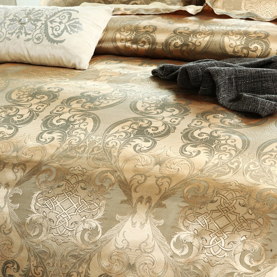 Luxurious Gold Jacquard Duvet Cover Set with Pillowcases for Bedroom or Guest Room